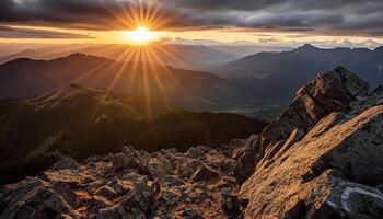 ai generato maestoso montagna picco, tramonto, escursioni a piedi avventura nel tranquillo natura generato di ai foto