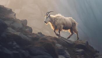 ai generato capra in piedi su montagna picco, circondato di natura generato di ai foto