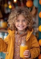 ai generato carino poco ragazzo è Tenere bottiglia di arancia succo e sorridente mentre in piedi nel strada mercato foto