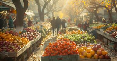 ai generato persone shopping a agricoltori mercato foto