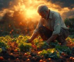 ai generato anziano contadino in crescita pomodori nel il suo giardino a tramonto foto