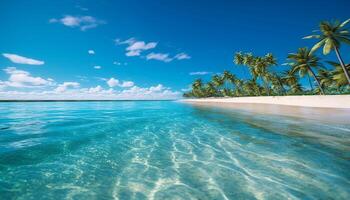 ai generato idilliaco tropicale costa, turchese acqua, palma alberi, e tranquillo rilassamento generato di ai foto