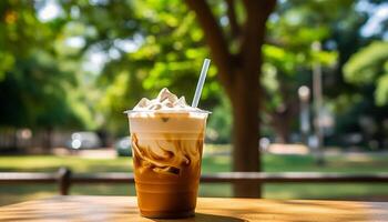 ai generato freschezza nel natura caffè, Ghiaccio, latte, Di legno, estate, all'aperto generato di ai foto