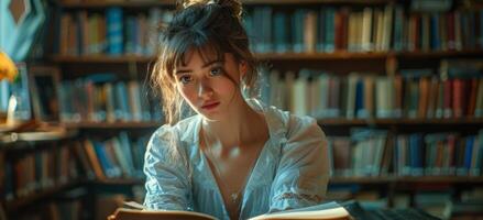 ai generato giovane donna si siede nel biblioteca lettura libro. foto