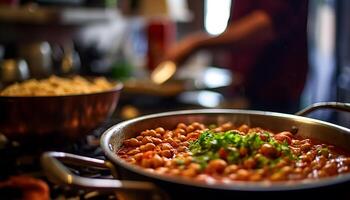 ai generato salutare vegetariano pasto preparazione nel un' fresco, biologico cucina generato di ai foto