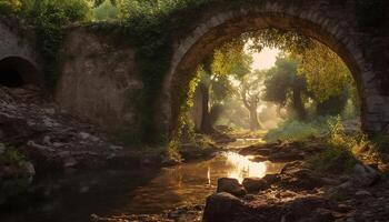 ai generato tranquillo autunno foresta, vecchio ponte riflette antico pietra canale generato di ai foto