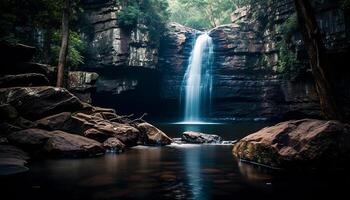 ai generato maestoso tropicale foresta pluviale, fluente acqua, tranquillo scena, naturale bellezza generato di ai foto