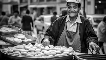 ai generato sorridente contadino vendita fresco frutta nel all'aperto mercato generato di ai foto