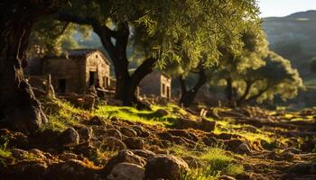 ai generato antico rovine nel tranquillo prato, natura bellezza sotto spaventoso crepuscolo generato di ai foto