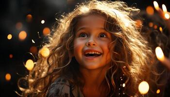 ai generato sorridente ragazze godere Natale luci, festeggiare con allegro risata generato di ai foto