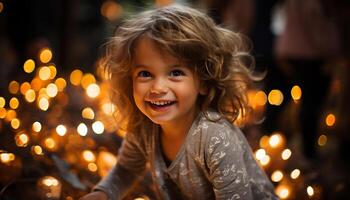 ai generato sorridente bambino gode Natale, circondato di allegro famiglia e amici generato di ai foto