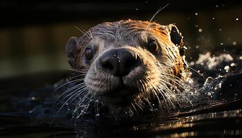 ai generato carino cucciolo nuoto nel stagno, guardare a telecamera, giocoso generato di ai foto