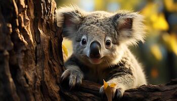 ai generato carino koala seduta su albero ramo, guardare a telecamera generato di ai foto