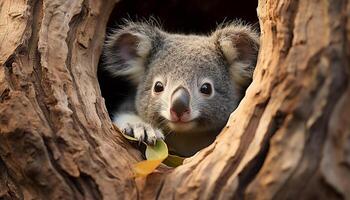 ai generato carino koala seduta su ramo, guardare a telecamera nel foresta generato di ai foto