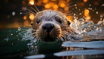 ai generato carino foca nuoto sott'acqua, guardare a telecamera, giocoso e bagnato generato di ai foto