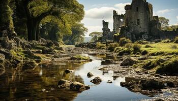 ai generato antico rovinato castello riflette nel tranquillo acqua, circondato di natura generato di ai foto