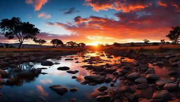 ai generato tranquillo tramonto al di sopra di acqua, natura bellezza riflessa nel crepuscolo generato di ai foto