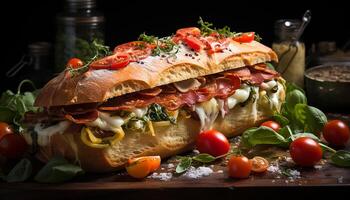 ai generato freschezza su piatto grigliato carne, buongustaio Sandwich, salutare insalata generato di ai foto