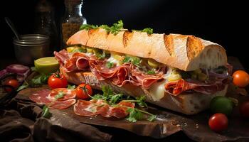 ai generato freschezza su piatto buongustaio Sandwich, salutare Ciabatta, grigliato Manzo generato di ai foto