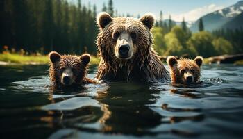 ai generato carino orso cucciolo nuoto nel tranquillo stagno, circondato di natura generato di ai foto