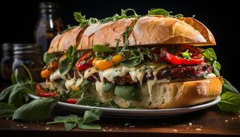 ai generato grigliato carne Sandwich su Ciabatta con fresco verdure e formaggio generato di ai foto