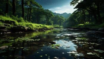 ai generato tranquillo scena verde foresta, montagna, acqua riflettere stellato notte cielo generato di ai foto