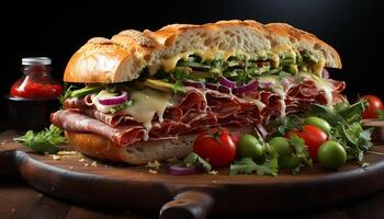 ai generato freschezza su un' piatto grigliato carne, insalata, e Ciabatta generato di ai foto