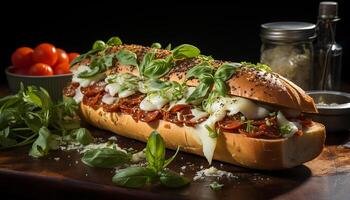 ai generato grigliato carne su Ciabatta, fresco insalata, salutare fatti in casa pranzo generato di ai foto