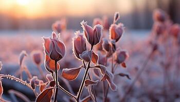 ai generato tramonto al di sopra di un' prato, vivace autunno foglie, natura bellezza generato di ai foto