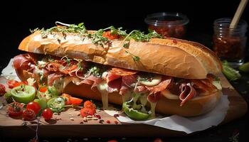 ai generato grigliato Maiale Sandwich, fresco pomodoro, e insalata su Ciabatta generato di ai foto