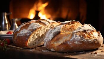 ai generato appena al forno rustico baguette su di legno tavolo, salutare fatti in casa pasto generato di ai foto