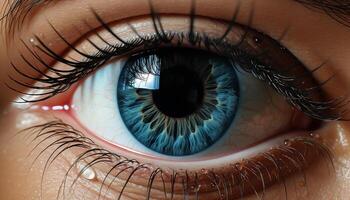 ai generato vicino su di un' blu iris, Guardando, riflettendo bellezza e sorveglianza generato di ai foto
