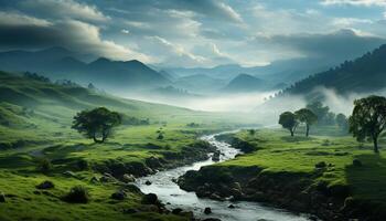 ai generato montagna paesaggio all'aperto, erba, alberi, foresta, acqua, nebbia, prato generato di ai foto