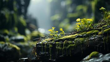 ai generato tranquillo scena verde foresta, roccia, bagnato foglia, giallo fiore generato di ai foto