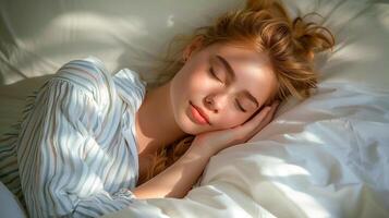 ai generato un' giovane donna addormentato nel un' bianco blu a strisce pigiama su un' bianca letto nel il camera , ai generato foto