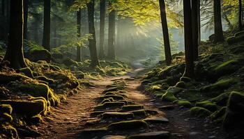 ai generato tranquillo scena nebbioso autunno foresta, verde foglie, e misterioso bellezza generato di ai foto