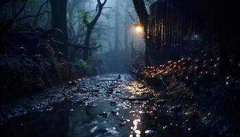 ai generato spaventoso autunno notte, buio foresta, bagnato foglie, misterioso bellezza generato di ai foto