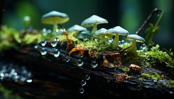 ai generato freschezza di autunno bagnato foresta, verde foglie, colorato funghi generato di ai foto