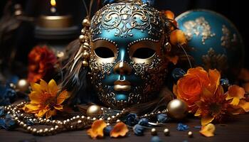 ai generato Halloween celebrazione donne nel elegante costumi, spaventoso maschera, oro gioielleria generato di ai foto