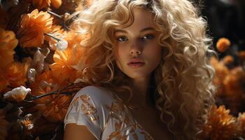 ai generato giovane donna con biondo capelli guardare a telecamera nel autunno generato di ai foto