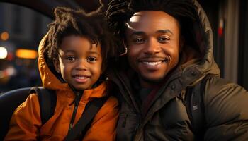 ai generato africano americano padre e figlio abbraccio, godendo inverno notte all'aperto generato di ai foto