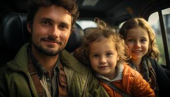 ai generato un' contento famiglia su un' strada viaggio, sorridente e bonding generato di ai foto