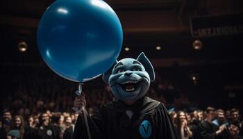 ai generato un' gioioso celebrazione con divertimento, sorridente uomini Tenere un' Palloncino generato di ai foto