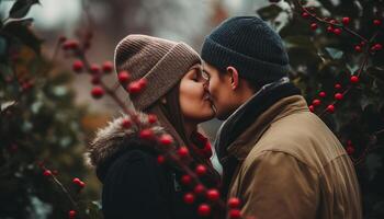 ai generato giovane coppia nel amore, Abbracciare una persona all'aperto, sorridente nel inverno generato di ai foto