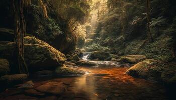 ai generato tranquillo scena fluente acqua, verde alberi, e roccioso scogliere generato di ai foto