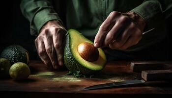 ai generato uno persona preparazione salutare avocado merenda su di legno tavolo generato di ai foto