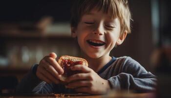 ai generato sorridente ragazzi godendo un' dolce merenda nel il cucina generato di ai foto