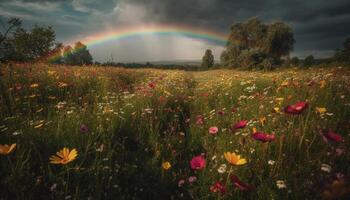 ai generato tranquillo prato, vivace fiori, luminosa cielo, natura colorato capolavoro generato di ai foto