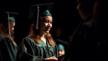 ai generato giovane adulti sorridente nel la laurea abiti, festeggiare successo all'aperto generato di ai foto