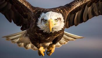 ai generato maestoso Calvo aquila volante liberamente, suo becco focalizzata su preda generato di ai foto